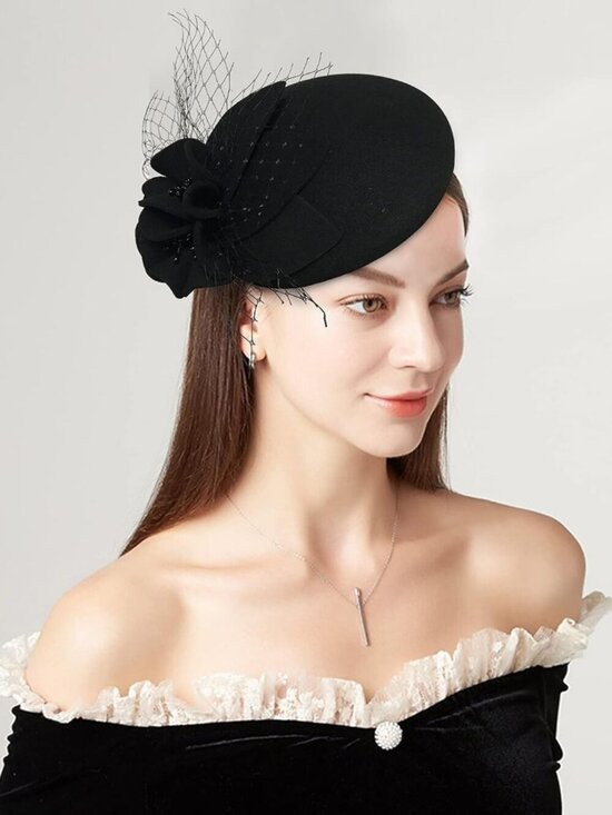Women\'s Wool Felt Flower Pillbox Hat British Wedding Church Derby Hats 2006Black
